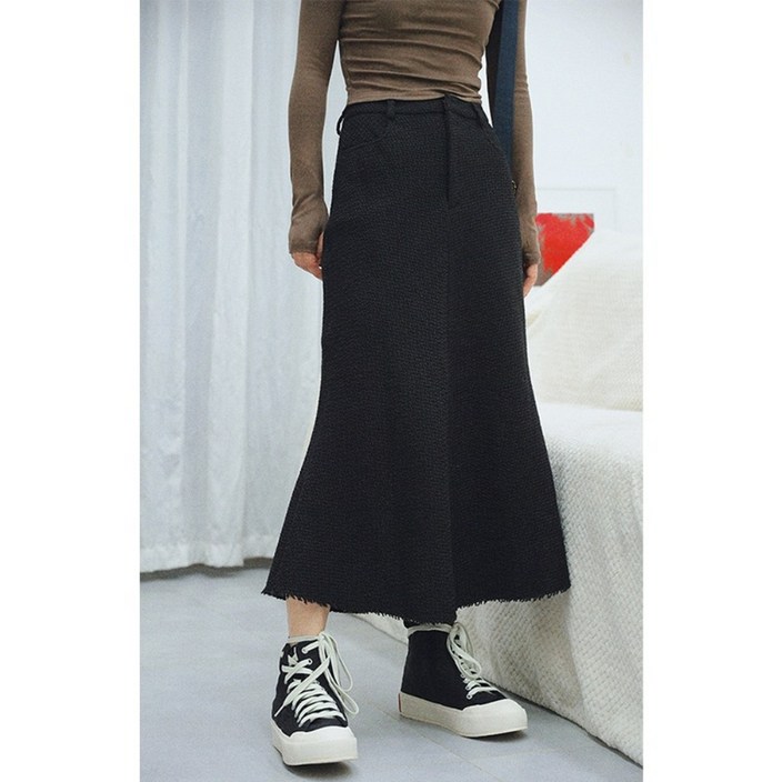 리브레울스커트 투톤 모직 체크 웜 레트로 텍스처 머메이드 스커트
