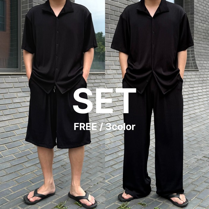 르위 오버핏 플리츠 반팔 카라 셋업 버뮤다팬츠 와이드 세트