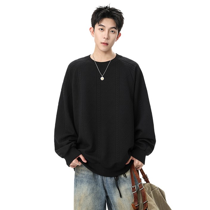 LOKEXING 남자 맨투맨 캐주얼 루즈핏 라운드 골지 맨투맨