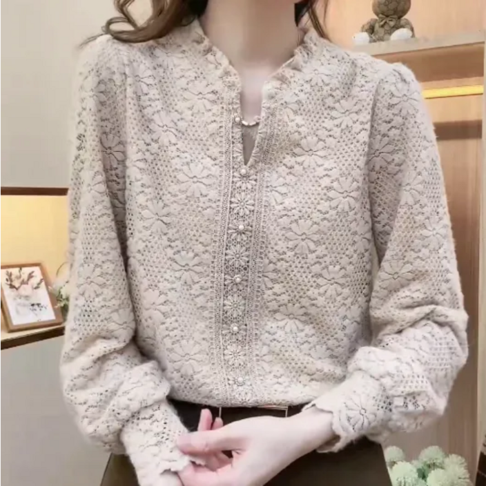 루스리더 여성 라운드넥 슬림핏 레이스 긴팔 블라우스  E545