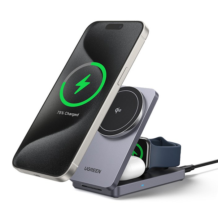 UGREEN 유그린 MagFlow Qi2 3in1 25W 마그네틱 무선충전 스탠드 아이폰12이상 시리즈,에어팟4 3 2 Pro,애플워치등 기기 지원된 접이식 무선충전기, 1개, Grey
