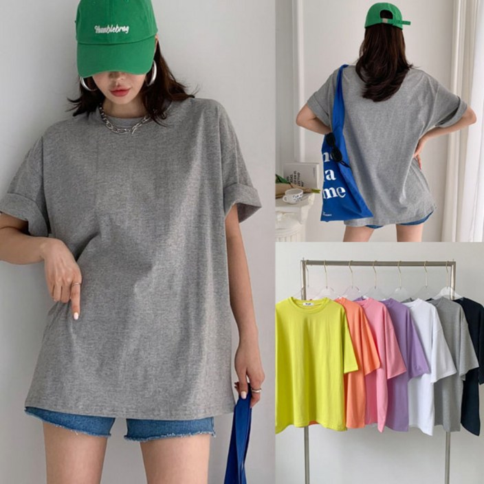 여성 오버핏 멀티팝 컬러 무지 박스티 라운드넥 빅사이즈 반팔 티셔츠