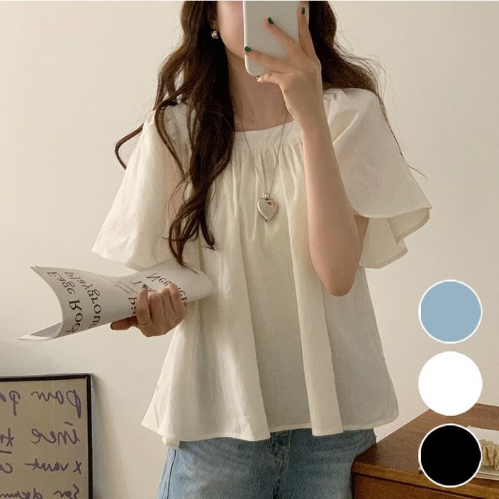 VERIT 스퀘어넥 벌룬 와이드핏 반팔 블라우스 VT422