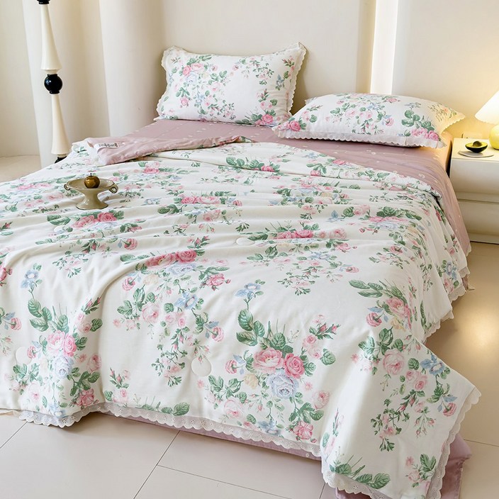 몽란 워싱 순면 차렵이불 레이스 여름이불 양면 꽃무늬