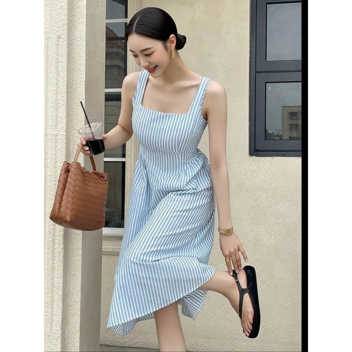 스트라이프 스퀘어넥 슬리브리스 드레스 롱원피스
