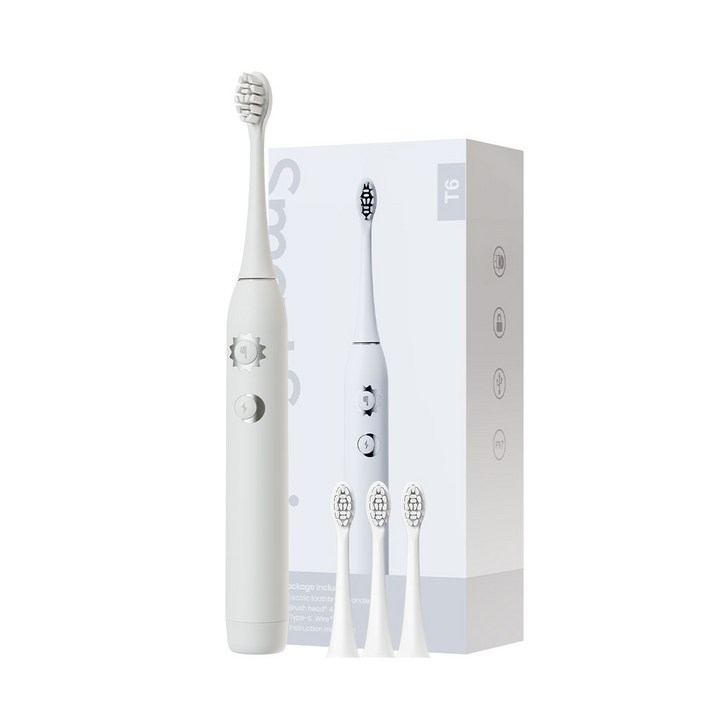SmartSonic T6 음파 전동칫솔  칫솔모 4개 이중 모드 아침저녁 사용, 1개, 화이트, T6