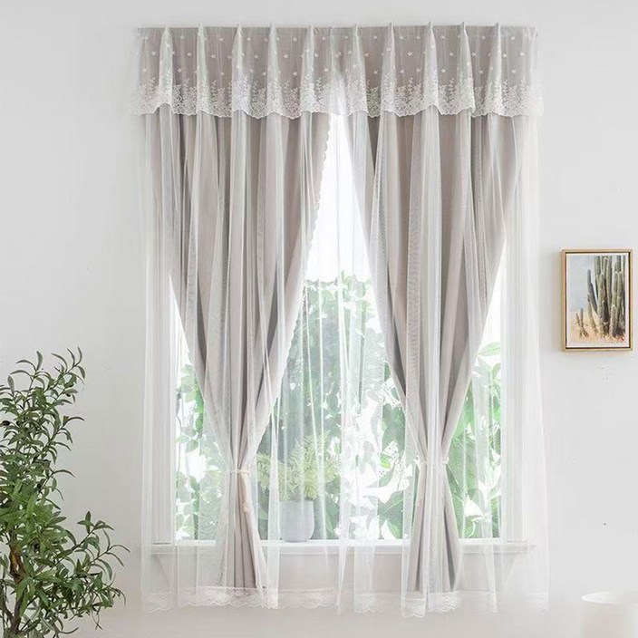 Tooliva 이중 레이스 붙이는 무타공 암막커튼 단열 방한 벨크로 창문 커튼