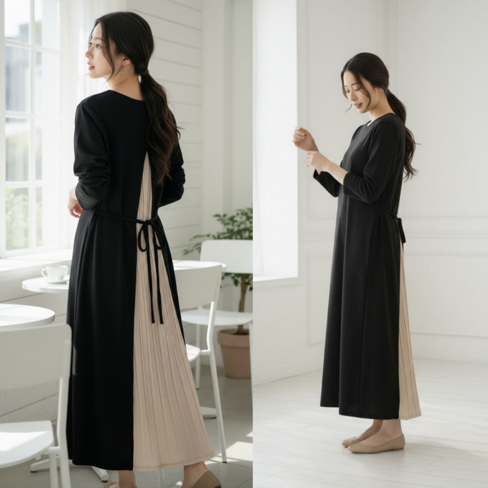 핏몬 여성 플리츠 리본 봄 가을 검정 롱 원피스