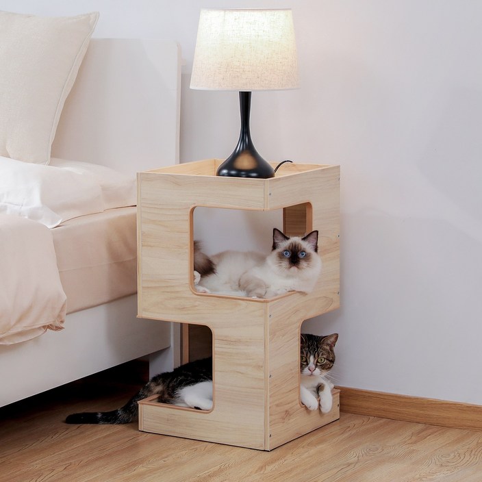 PAWZ Road  3단 모던 심플 원목 고양이 숨숨집 협탁, 복층 스크래쳐 캣 하우스