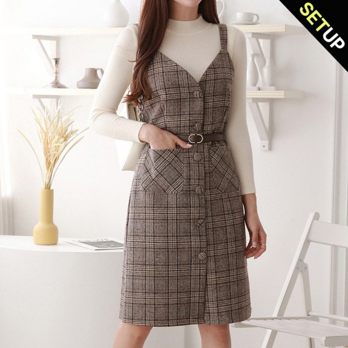 SET반목니트 체크 뷔스티에 벨트 원피스 2종세트O2509SE606C