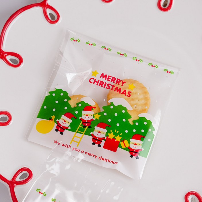 크리스마스포장지 100장 트리 포장봉투 포장지 비닐봉투 단체선물 어린이집 학원 답례품 사탕포장 마카롱포장 쿠키포장지
