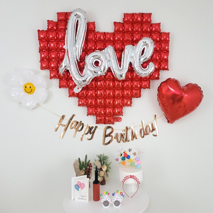 심플 러브 빅하트 데이지 하트 호일풍선 생일파티세트 공기주입기 생일안경 생일머리띠 생일카드까지, 심플 러브 빅하트 생일파티세트, 1세트