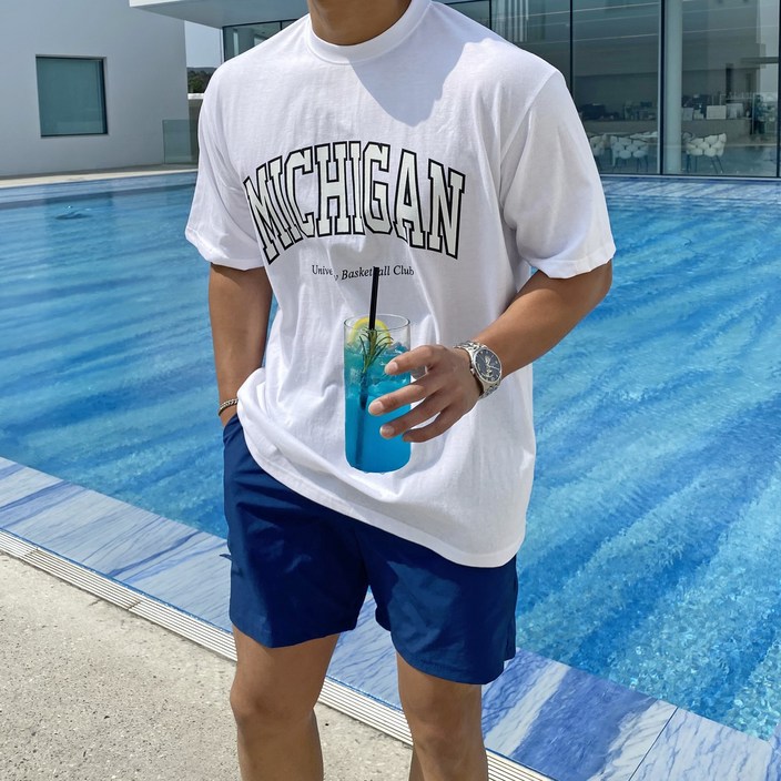 빠델 20수MICHIGAN 프린팅 오버핏 반팔 티셔츠