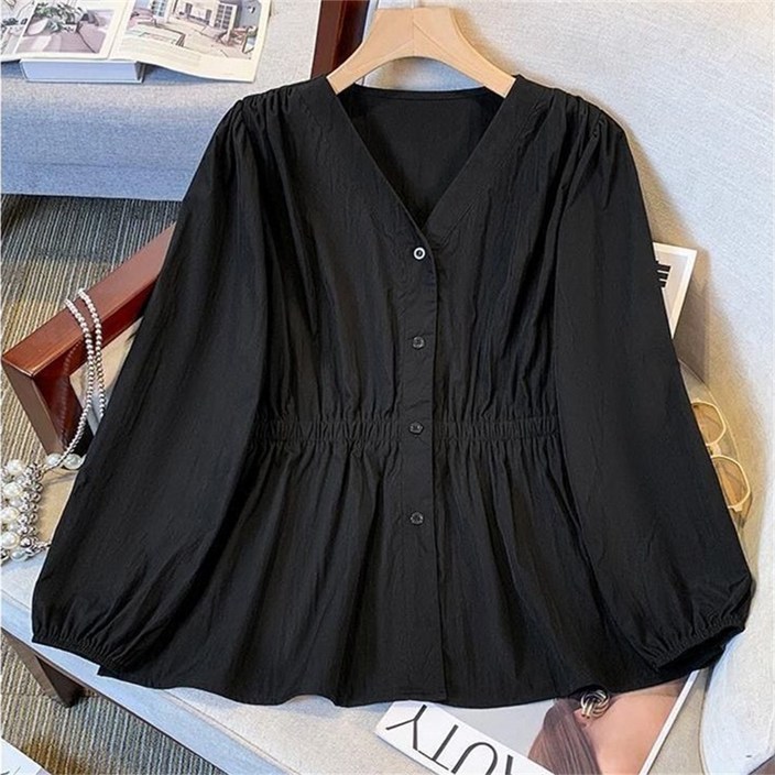 Vezri 빅사이즈 여성 봄 가을 V넥 루즈핏 블라우스