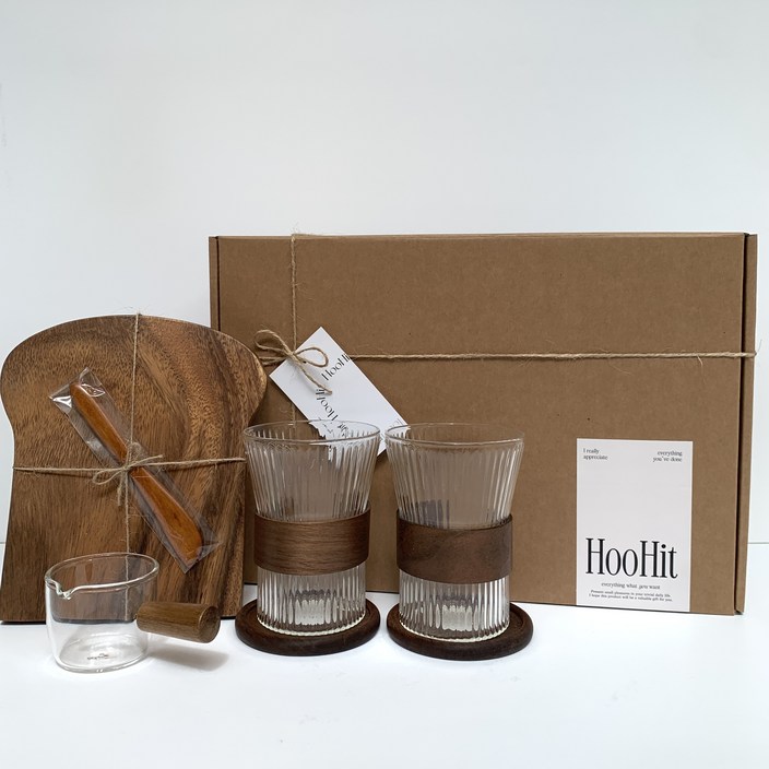 HOOHIT 집들이선물 우드 플레이팅 홈카페 선물세트쇼핑백, 우드홀더 내열유리컵 345ml 2P, 1세트