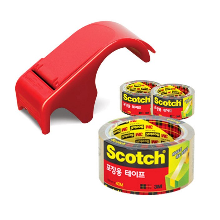 스카치 포장용 박스 테이프 디스펜서 DP-300RD + 투명 포장용 테이프 3650 48mm × 40m 3개