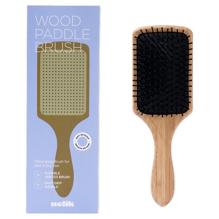 넬릭 우드 사각 패들 쿠션 두피 마사지 브러쉬, 1개, 브라운