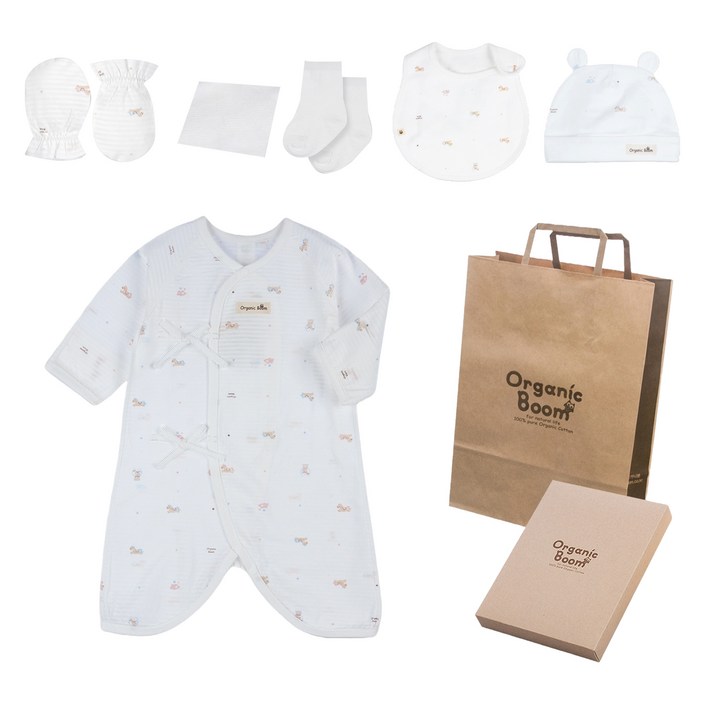 오가닉붐 말띠해 여름용 배냇가운  모자  턱받이  손싸개  양말  손수건  쇼핑백  상자 세트