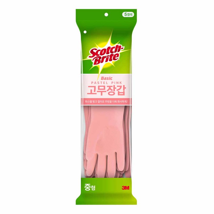 스카치브라이트 베이직 고무장갑 5p, 파스텔핑크, 중M, 1세트
