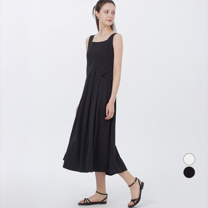 ELLE PARIS 여성용 실키 스퀘어넥 플리츠 스커트 민소매 원피스