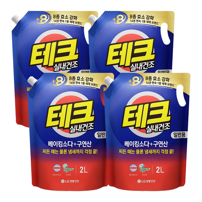 테크 베이킹소다 플러스 구연산 실내건조 액체세제 일반용 리필, 2L, 4개