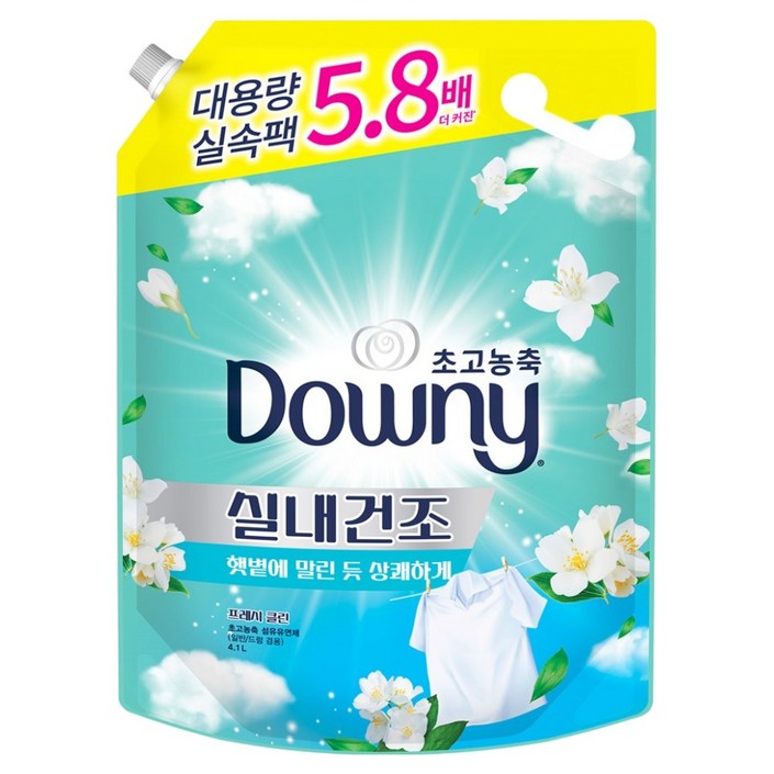 다우니 대용량 실내건조 프레시클린 초고농축 섬유유연제 자스민향 리필, 4.1L, 1개 다우니 대용량 실내건조 프레시클린 초고농축 섬유유연제 자스민향 리필, 4.1L, 1개