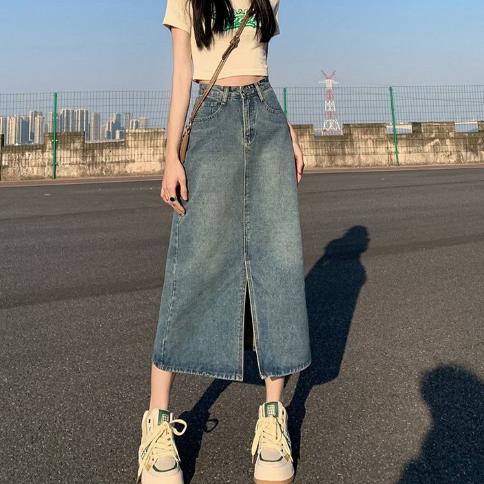 더플로우커머스 여성용 캐주얼 빈티지 프론트 슬릿 데님 롱스커트