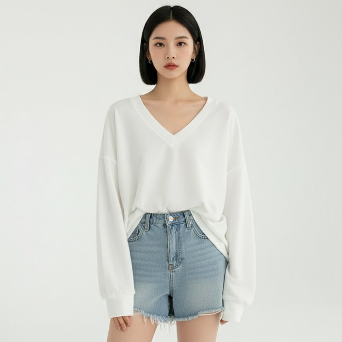 마켓피아 여성용 브이넥 루즈핏 긴팔 맨투맨