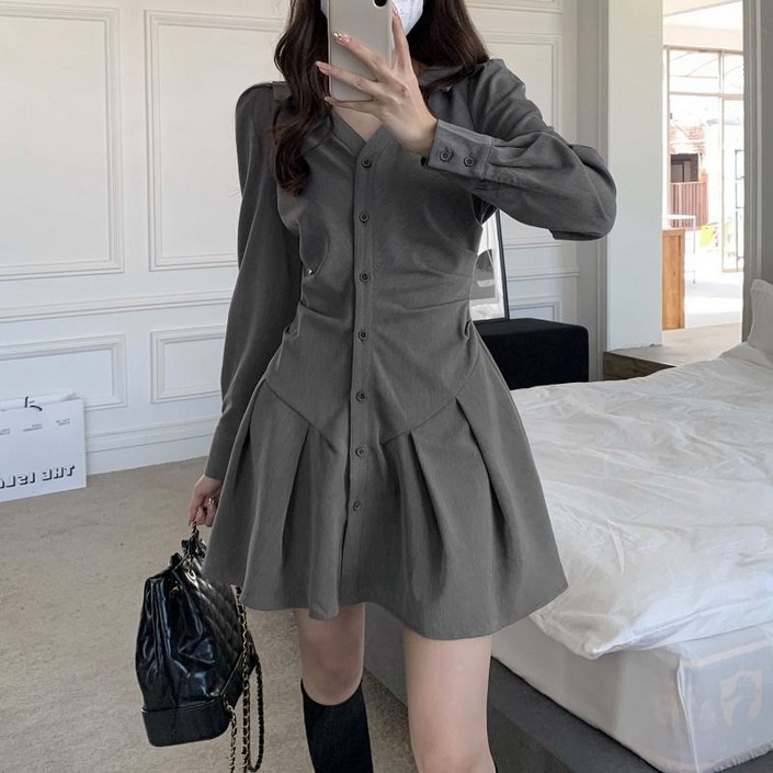 피어니스트 셔츠카라 A라인 미니원피스