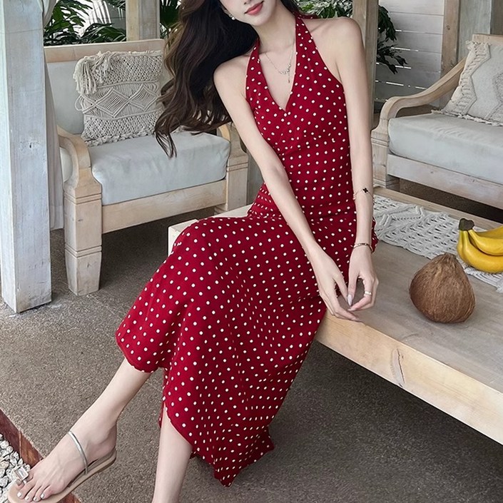 더시럽 여성용 골저스 도트 홀터넥 롱 원피스