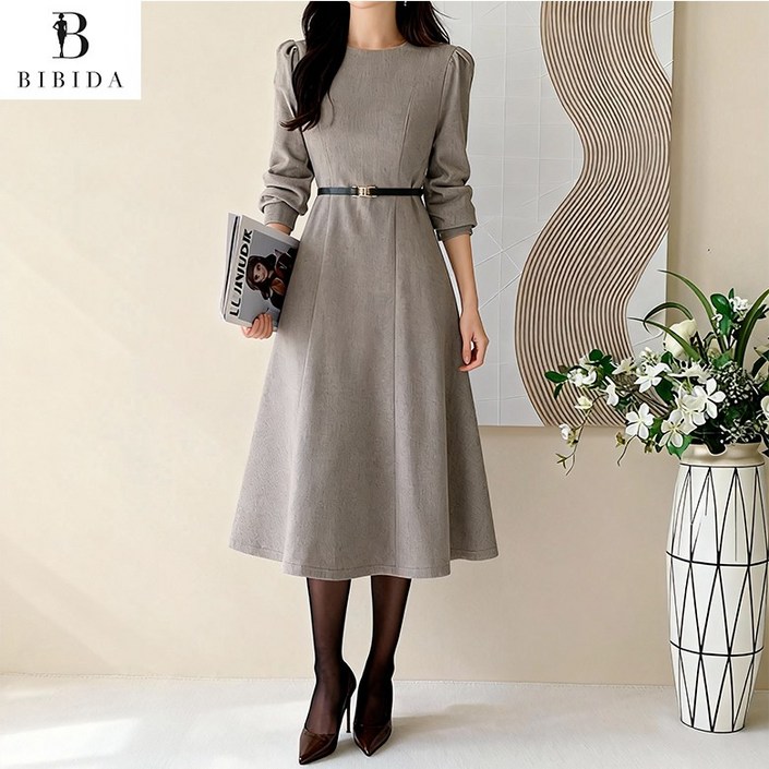 비비디아 여성용 퍼프소매 허리 벨트 헤링본 플레어 롱원피스 하객룩 데일리룩5583