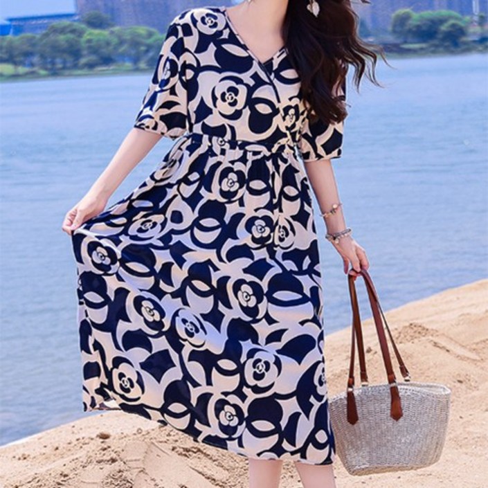 그린라이프 면 실크 브이넥 반팔 원피스 롱 여성 시원한 쿨 여름 냉감 소재 통기성 휴가룩