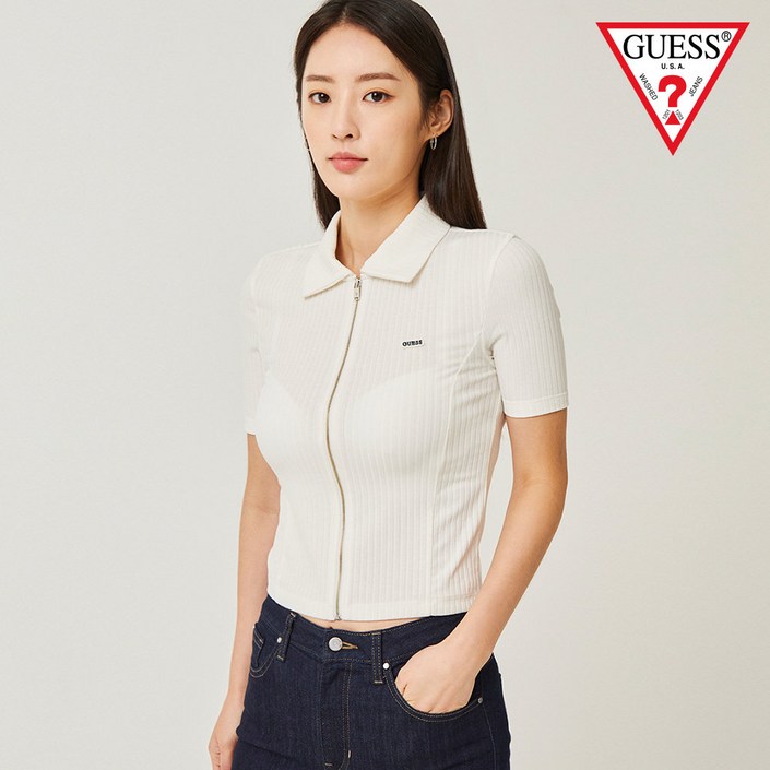 게스 진 457259 여성 반팔 골지 카라 집업 YN2K3420