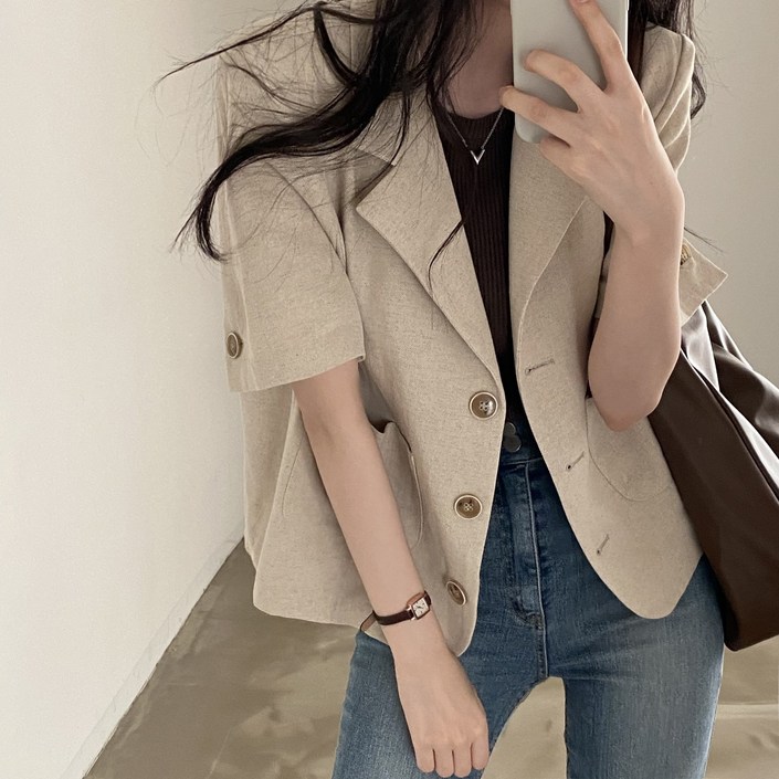 BIKASU 여성 여름 린넨자켓 패션 반팔자켓 루즈핏 하객룩 캐주얼 숏자켓