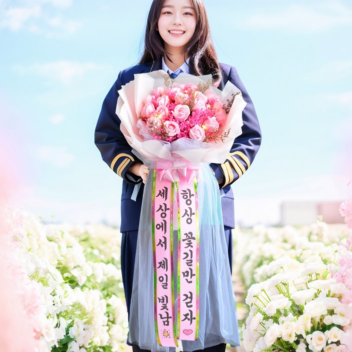 아르띠콜로 LED 중대형 장미 안개꽃다발 문구 고정, 1개, 핑크장미