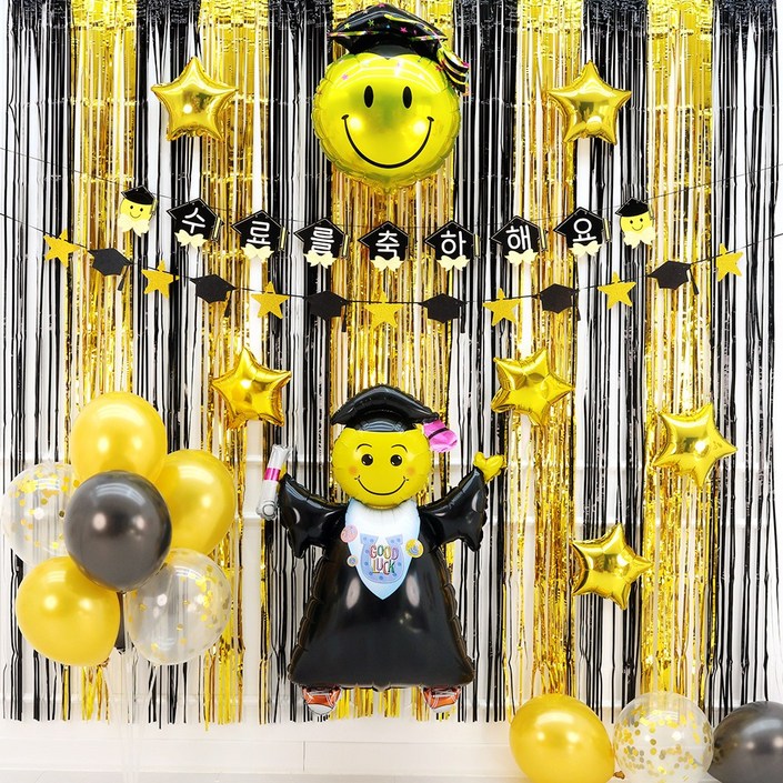 파티짱 수료 가랜드 풍선 커튼 세트 장식 축하 파티 소품, 1개, 수료 (스마일리본 골드블랙)