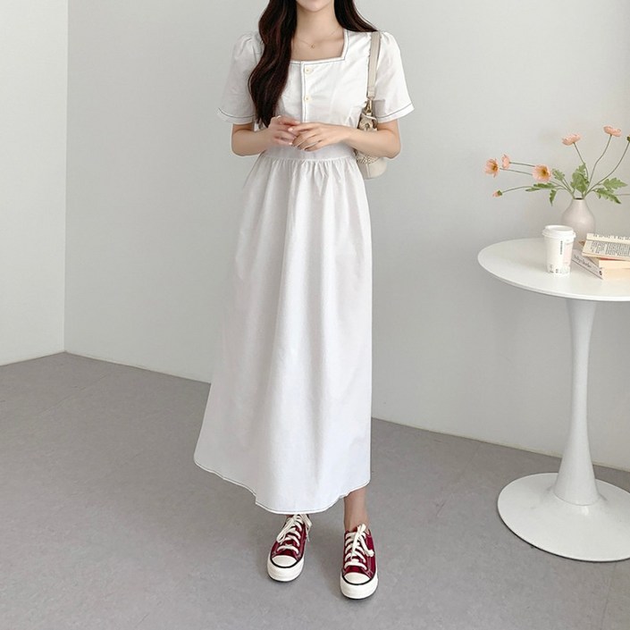 줄리엔느 스퀘어 넥 버튼 허리 밴딩 롱원피스