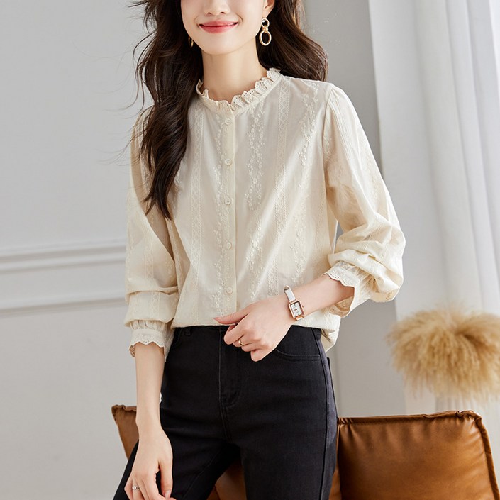 PETITBATH여성 블라우스 프릴넥 벌룬소매 레이스 버튼 셔츠WZS60301