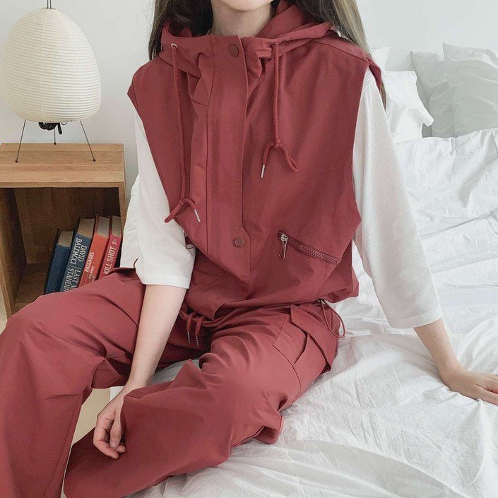 [파인스토리] 여성트레이닝복세트 후드 집업 조끼 카고 스트링 밑단 일자 조거 투웨이 팬츠