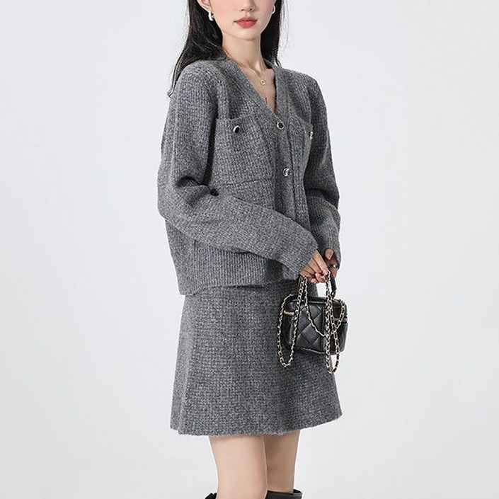 셀럽당 브이넥 니트 세트 스커트 여 추동 기질 반스커트 투피스H02623