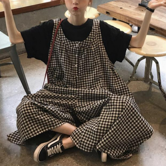 뉴욕멋쟁이 니키 체크 버튼 점프수트