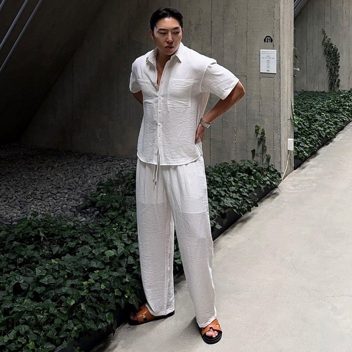 남자린넨셋업 AZ로저 에어린넨 투포켓 셔츠 세트 오버핏남방 밴딩 여름긴바지 와이드팬츠