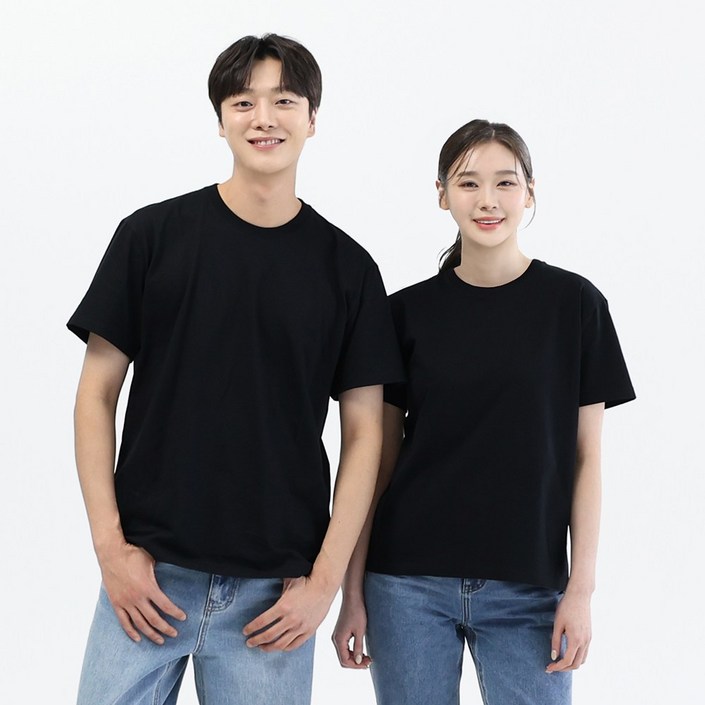 [1+1+1] 면 100% 20수 국내생산 베이직 반팔 남녀공용 블랙 라운드 무지 티셔츠
