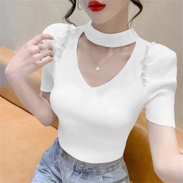 SJW 여성 여름 반팔 니트티셔츠 골지 가슴트임 진주 무지 슬림핏 쫄티 상의 빅사이즈