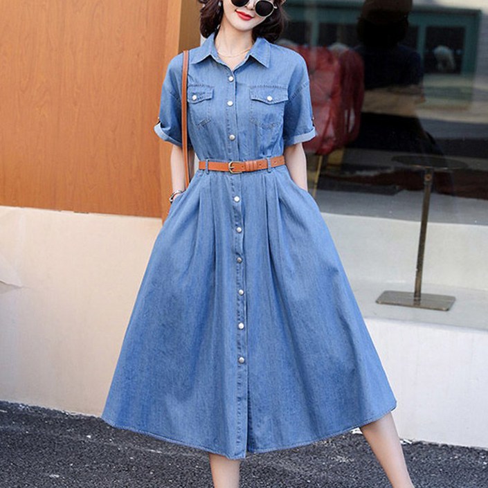 고품질 부드러운 우유데님원단 빈티지 반팔 데님원피스 터틀넥 앞단추 롱원피스 A라인 슬림핏 청원피스 허리띠추가