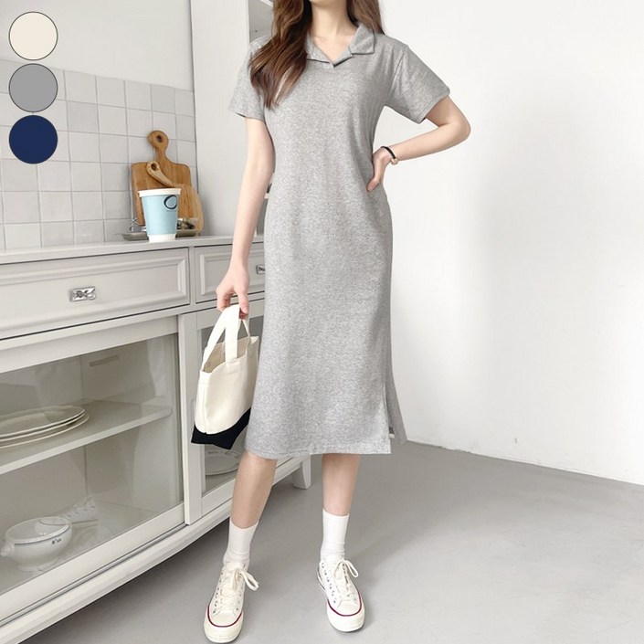 바비팩토리 여성용 편한 오픈 카라 반팔 롱원피스 국내생산 허리끈 롱기장 원피스