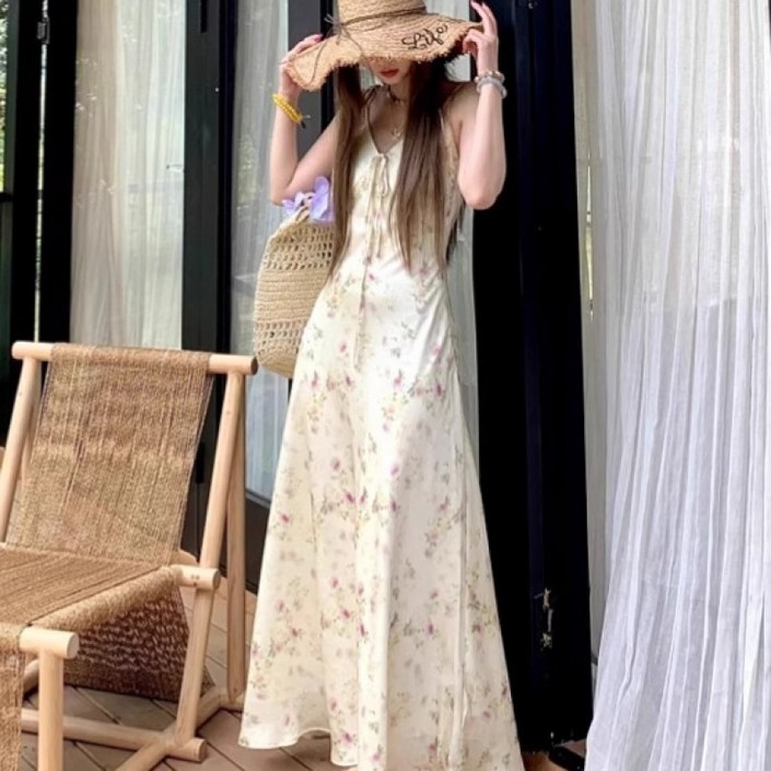 BROWMODA 여성 브이넥 나시 롱 원피스