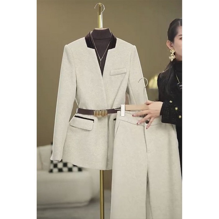 캐주얼 여성 정장 바지 세트 오피스룩 모직 슬림핏 자켓 와이드 팬츠 세트 JS