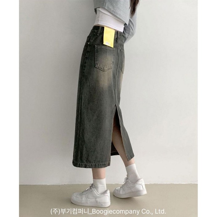 부기샵 여성 데님치마 커스 워싱 트임 롱 청스커트