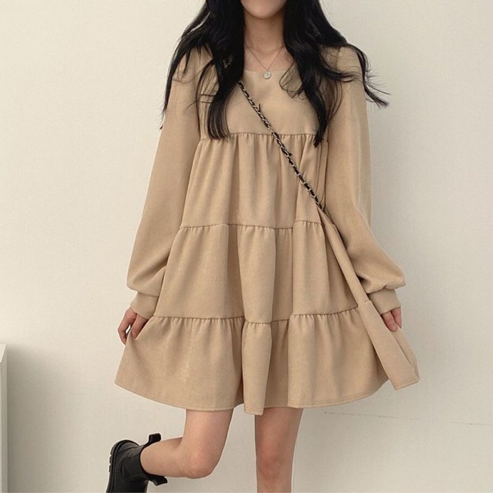 Vezri 오버핏 숏 소매 레이어드 미니 원피스 가을 베이직 루즈핏 허리 밴딩 디자인 Acc